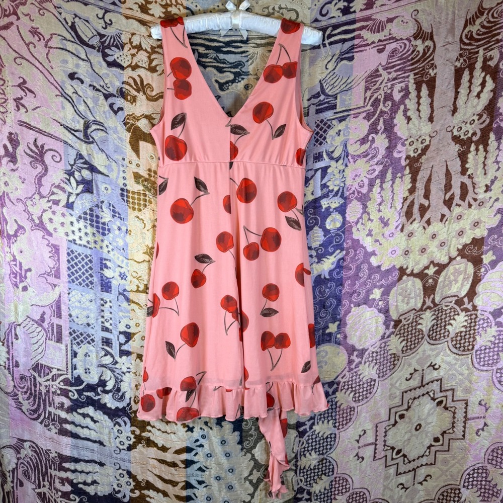 Pink Red Cherry Print Ruffle Hem Above the Knee Dress Size M - Picture 2 of 11